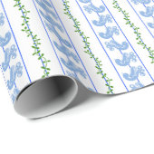 Scandi Blue Bird Green Efeu Streifen Geschenkpapier (Rolleneckpunkt)