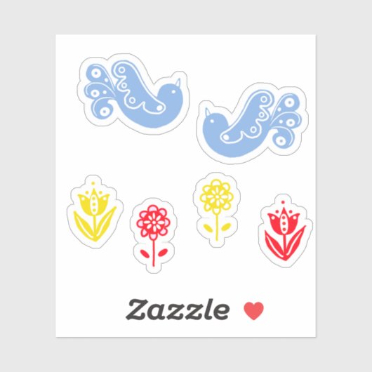 Scandi Blue Bird Red Yellow Flowers Aufkleber (Blatt)