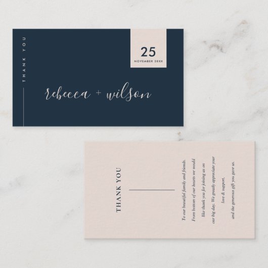 SCANDI CLEAN NAVY BLUSH MINIMAL WEDD DANKE VISITENKARTE (Vorne/Hinten)