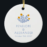Scandi Folk Blume Blaugelbe Hochzeit Keramik Ornament<br><div class="desc">Skandi Folk Blume in Blau und Gelb Hochzeitsfeier Keramik Ornament</div>