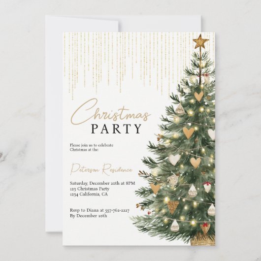 Scandi Gold Watercolor Weihnachtsbaum Winter Einladung (Vorderseite)