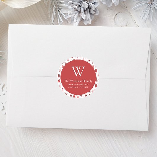 Scandi Pine Tree Muster Pink Weihnachtsadresse Runder Aufkleber