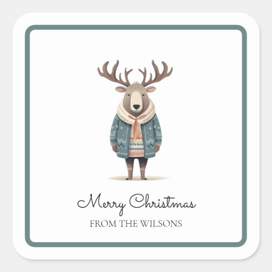 Scandi Reindeer mit einem Coat-Aufkleber Quadratischer Aufkleber (Vorderseite)