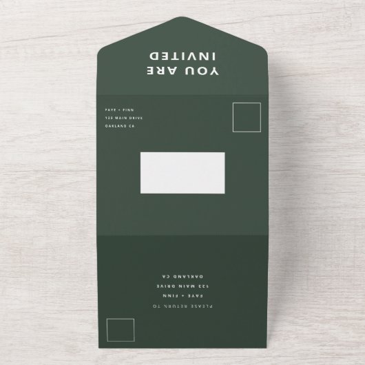 Scandi Wedding | Dunkelgrüne Moos Minimalistische All In One Einladung (Außenbereich)