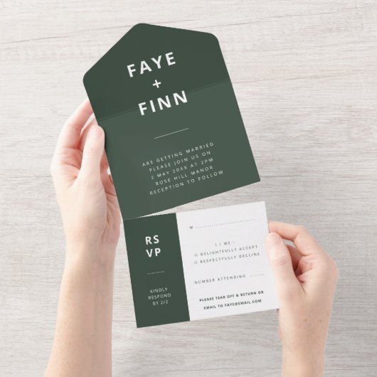 Scandi Wedding | Dunkelgrüne Moos Minimalistische  All In One Einladung (Abreißen)