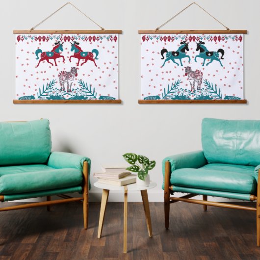 Scandia Folk Art Nordic Animals Zebra War Horses Wandteppich Mit Holzrahmen (Wohnzimmer)