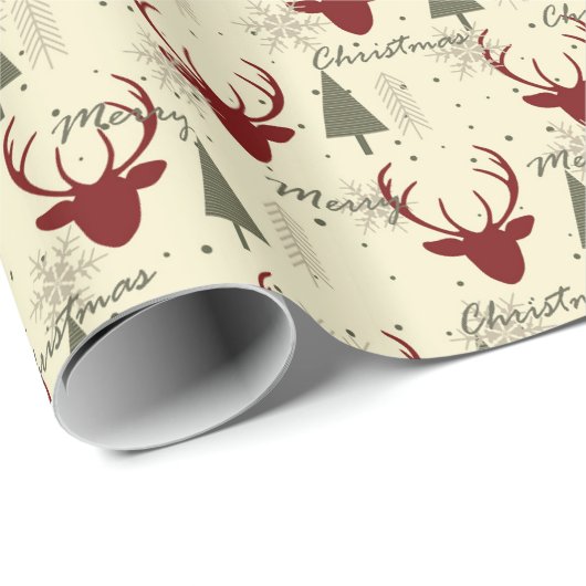 Scandinavian Christmas Tree Reindeer Pattern Geschenkpapier (Rolleneckpunkt)