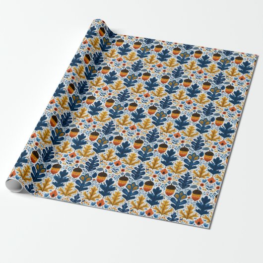  Scandinavian Fall Pattern in Navy Leaves & Orange Geschenkpapier (Ungerollt)