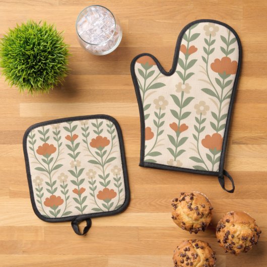 Scandinavian Floral Oven Mitt & Pot Holder Set (Oben Unten)