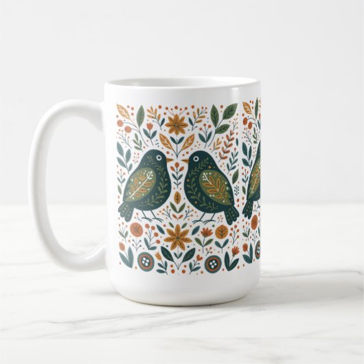 Scandinavian Folk Art Birds and Floral Pattern Mug Kaffeetasse (Links)