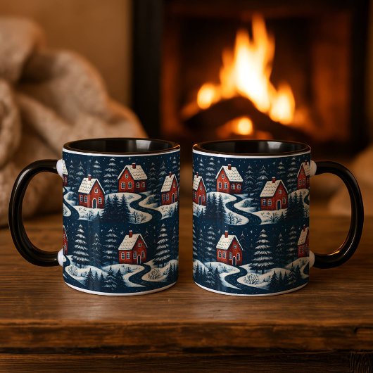 Scandinavian Folk Art Cozy Winter Cabin Mug Tasse