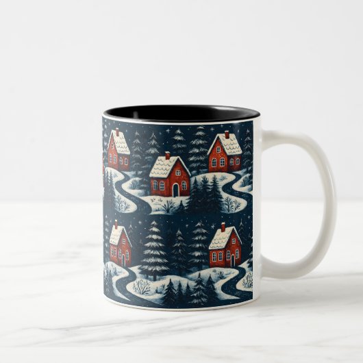 Scandinavian Folk Art Cozy Winter Cabin Mug Zweifarbige Tasse (Rechts)