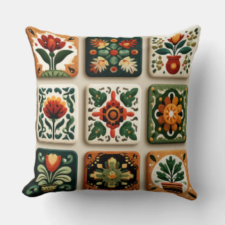 Scandinavian Folk Floral Tile Pattern Throw Pillow Kissen