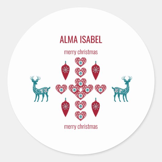 Scandinavian Hearts Rentier Personalize Name Xmas Runder Aufkleber (Vorderseite)