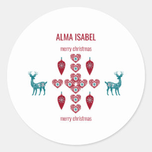 Scandinavian Hearts Rentier Personalize Name Xmas Runder Aufkleber