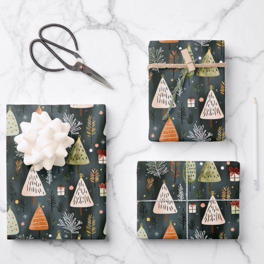 Scandinavian Nordic Christmas Pine Tree Pattern Geschenkpapier Set (Vorderseite)