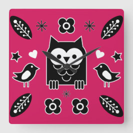 Scandinavian Owl Folk Art Gift Quadratische Wanduhr
