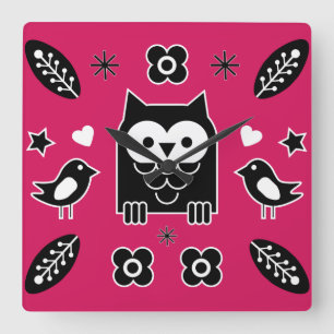 Scandinavian Owl Folk Art Gift Quadratische Wanduhr