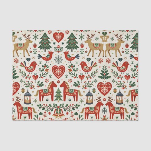 Scandinavian Red and Green Folk Christmas Pattern Seidenpapier (Vorderseite)