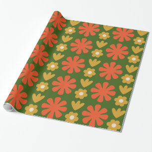 Scandro Retro Blumenmuster Green Orange Ochre Geschenkpapier