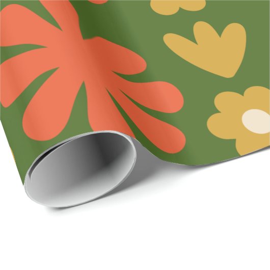 Scandro Retro Blumenmuster Green Orange Ochre Geschenkpapier (Rolleneckpunkt)