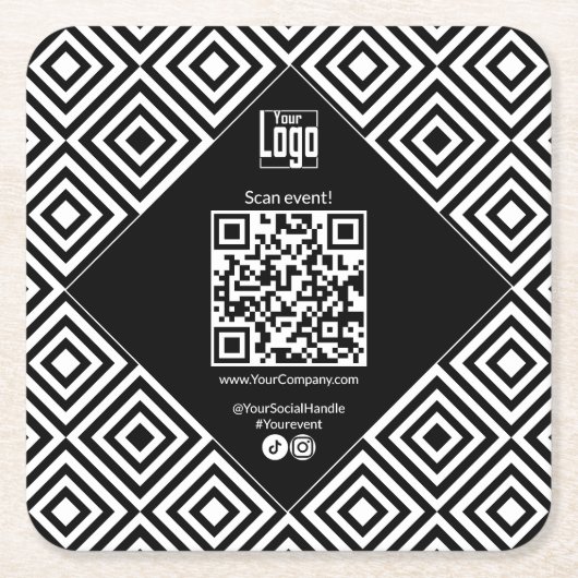 Scannable QR-Code, CTA, www, Social Black & White Rechteckiger Pappuntersetzer (Vorderseite)