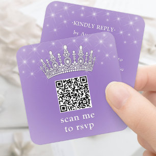 Scanne Mich QR RSVP Quinceañera Krone Lila Violett Begleitkarte