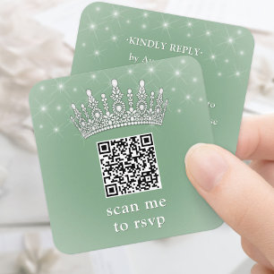 Scanne Mich QR RSVP Quinceañera Krone Sagegrün Begleitkarte