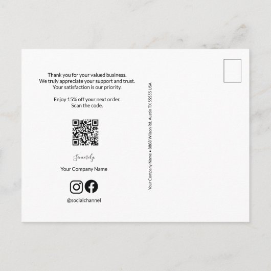 Scannen Sie den Code-Rabatt in der nächsten Reihen Postkarte (Rückseite)