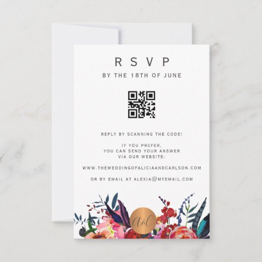 Scannen von QR CODE mit floraler, eleganter Einlad RSVP Karte (Vorderseite)