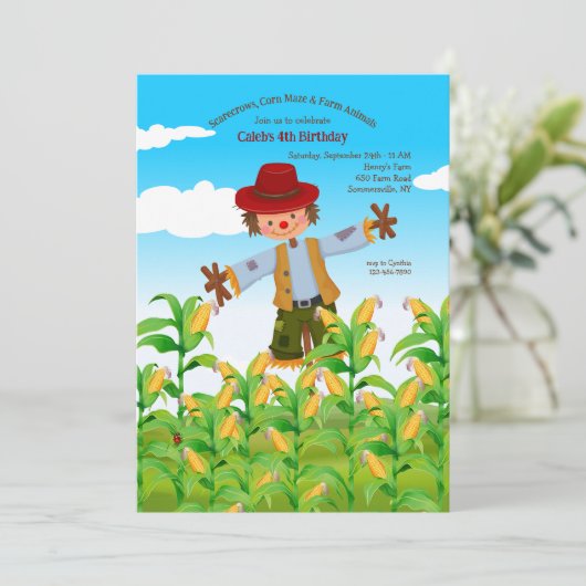 Scarecrow Fall Geburtstag Einladung (Stehend Vorderseite)