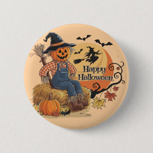 Scarecrow Pumpkin Halloween Rustic Vibes Art Button