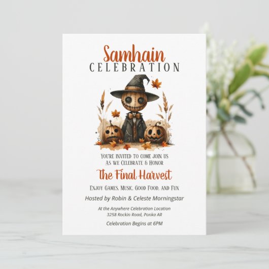 Scarecrow Samhain Harvest Halloween-Party Einladung (Stehend Vorderseite)