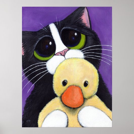 Scared Tuxedo Cat und Cudly Duck Malerei Poster (Vorne)