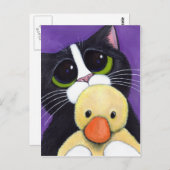 Scared Tuxedo Cat und Cudly Duck Malerei Postkarte (Vorne/Hinten)