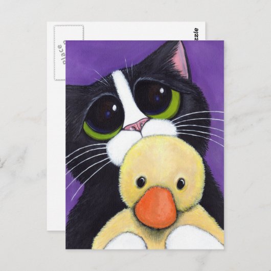 Scared Tuxedo Cat und Cudly Duck Malerei Postkarte (Vorne/Hinten)