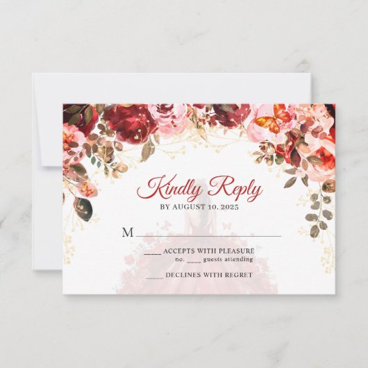 Scarlet Elegance Floral Prinzessin Quinceañera RSVP Karte (Vorderseite)
