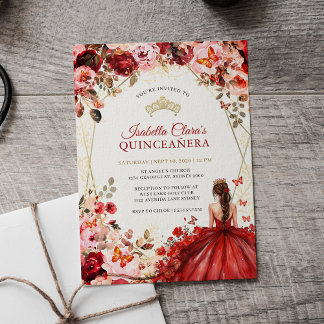 Scarlet Elegance Gold Enchanted Floral Quinceanera Einladung