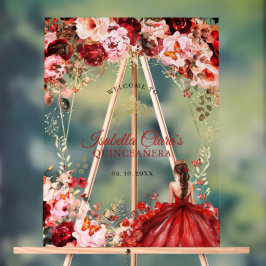 Scarlet Enchanted Floral Gold Quinceanera Welcome Acrylschild