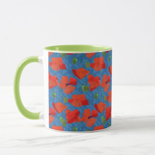 Scarlet Field Poppies auf blauem Muster Tasse (Links)