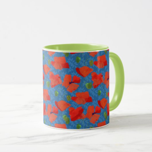 Scarlet Field Poppies auf blauem Muster Tasse (VorderseiteRechts)