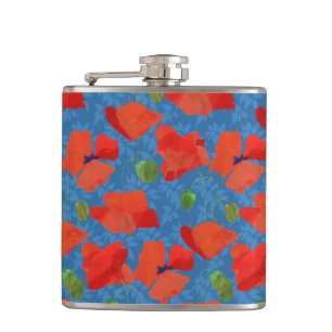 Scarlet Field Poppies auf Blue Hip Flask Flachmann