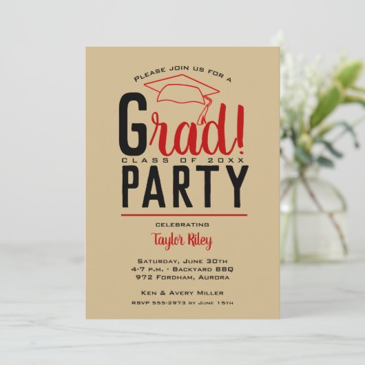 Scarlet Gold Black Graduation Party Einladungen (Stehend Vorderseite)