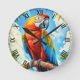 Scarlet Macaw in Jungle Runde Wanduhr