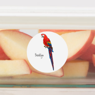 Scarlet macaw parrot cartoon illustration etiketten