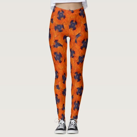 Scarlet Orange Poppy Nahtloses Muster Leggings (Vorderseite)