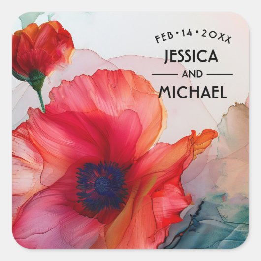 Scarlet Petal Elegante Quadratischer Aufkleber (Vorderseite)