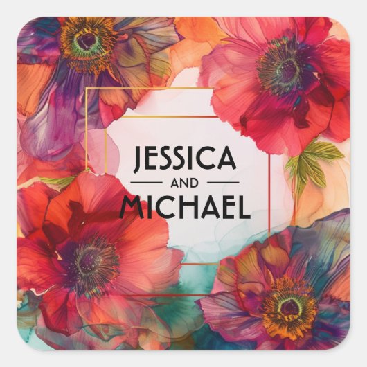 Scarlet Petal Elegante Quadratischer Aufkleber (Vorderseite)