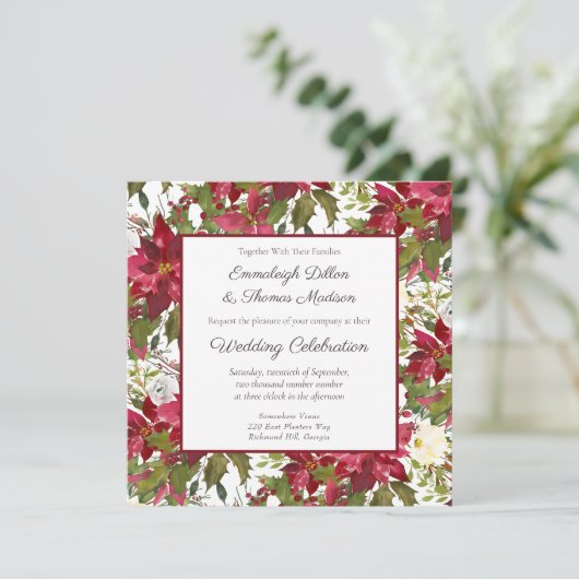 Scarlet Red Poinsettia Blumenmuster Hochzeit Einladung (Stehend Vorderseite)