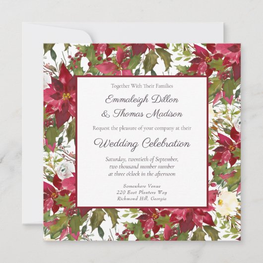 Scarlet Red Poinsettia Blumenmuster Hochzeit Einladung (Vorderseite)